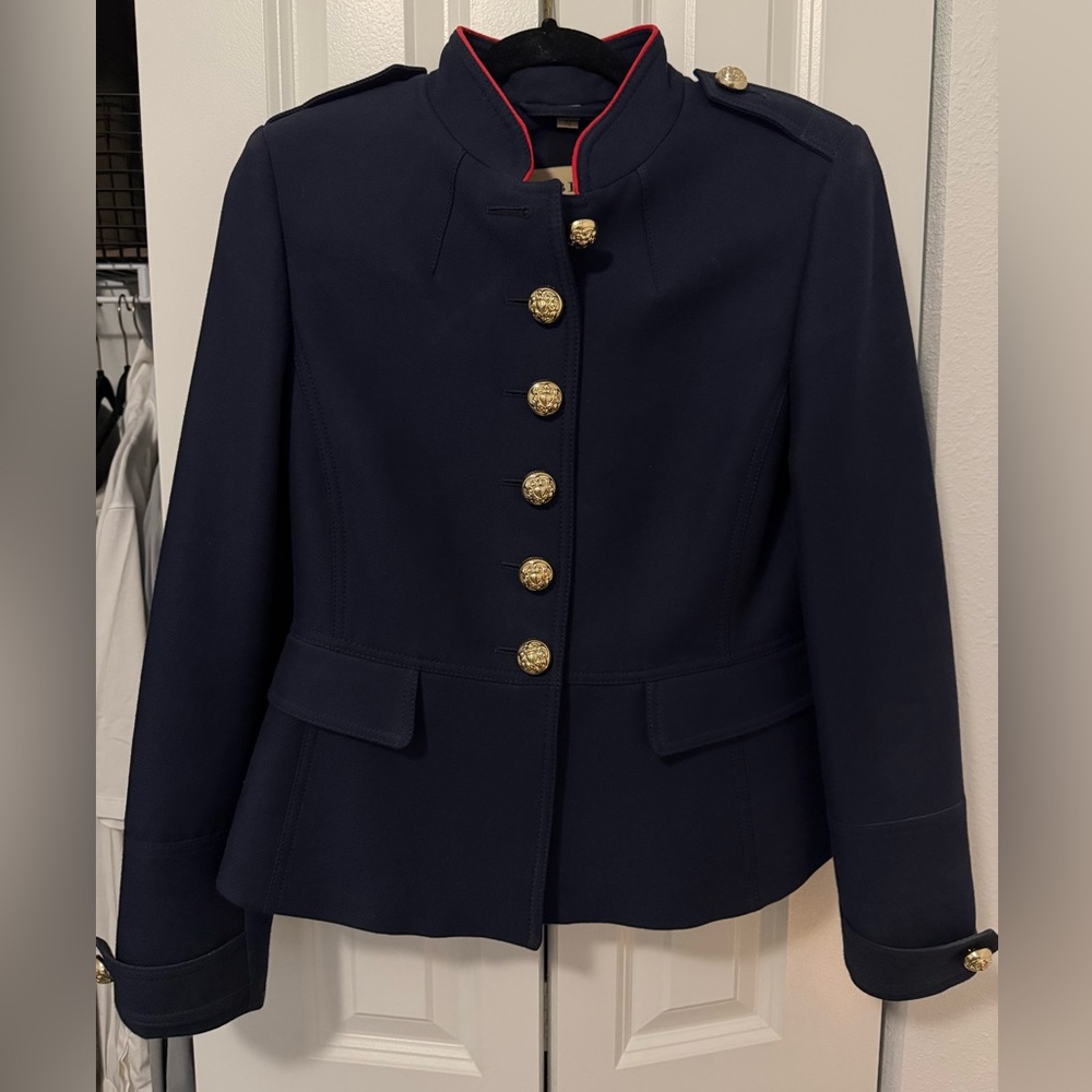Burberry Navy Military-Style Blazer with Gold Buttons and Red Trim